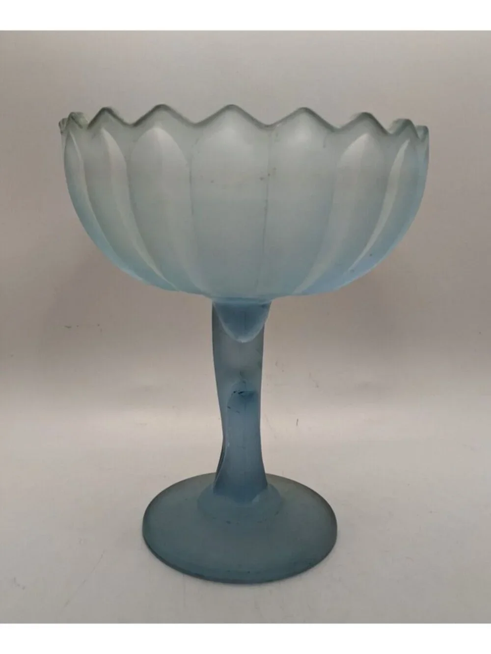 Indiana Glass Compote Frosted Satin Blue Lotus Blossom Pedestal Bowl 7.5
